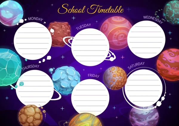 Escuela Educación Calendario Vector Plantilla Con Dibujos Animados Planetas Fantasía — Vector de stock