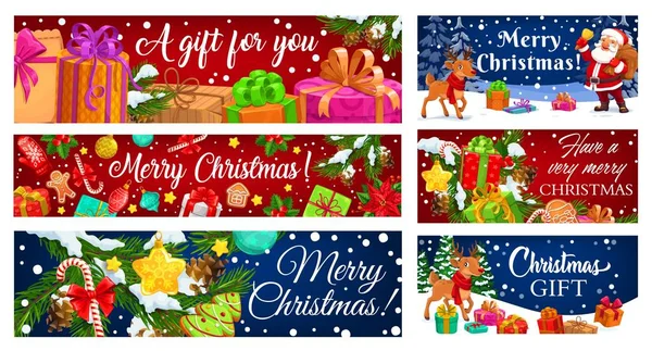 Noel Hediyesi Vektör Selamlama Pankartları Noel Baba Ren Geyiği Kış — Stok Vektör