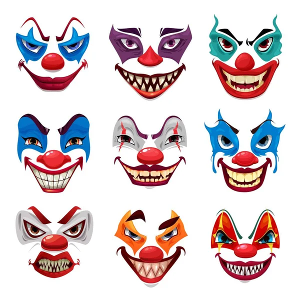 Caras Payaso Aterradoras Máscaras Hongos Vectoriales Con Maquillaje Nariz Roja — Archivo Imágenes Vectoriales