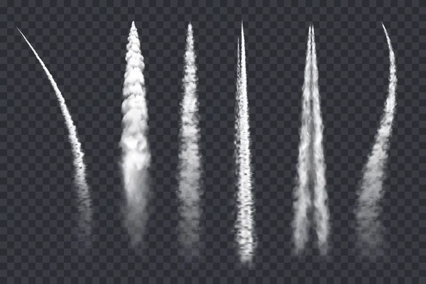 平面烟道 喷气云彩 矢量尾迹现实的3D飞机或火箭白线 设计元素 空中蒸气效应 喷雾直线和曲线轨道隔离在透明的背景下 — 图库矢量图片