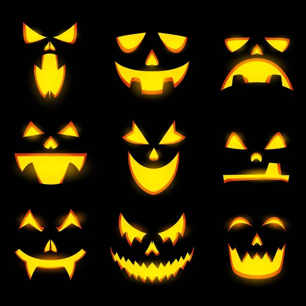 Spaventoso Zucca Facce Isolato Vettore Icone Halloween Mostro Emoticon Jack — Vettoriale Stock