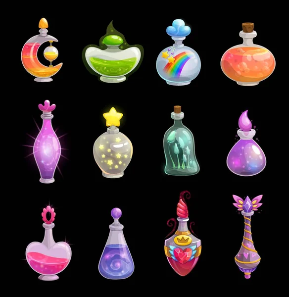 Potion Bottles Vector Icons Elixir Glass Flasks Magic Dust Stars — Stock Vector