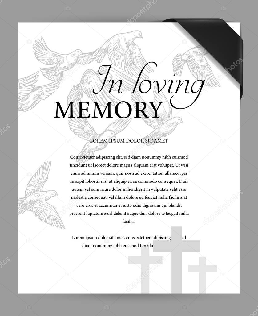 Funereal card design template with black mourning ribbon on corner, cemetery graves crosses and flying doves engraved vector. Funeral ceremony invitation or memorial plate with obituary condolences