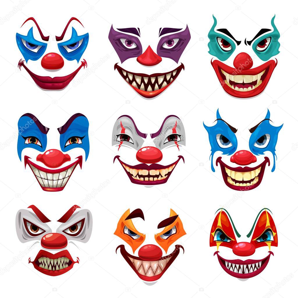 Scary clown faces, vector funster masks with makeup, red nose, angry eyes and creepy smile with sharp teeth isolated on white background. Halloween party characters emoticons, horror creatures emojis