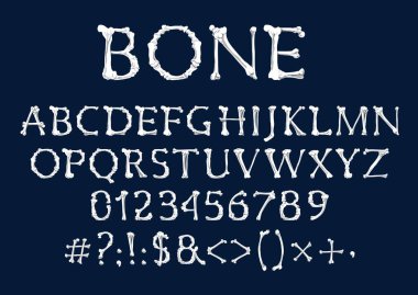 Kemik yazı tipi, Cadılar Bayramı vektörü ve Dia de los Muertos tatil tasarımı. İnsan iskeletinin alfabe tipi, büyük harfler, rakamlar veya rakamlar ve noktalama işaretleri kaval kemiği, fibula, kaburga, humerus