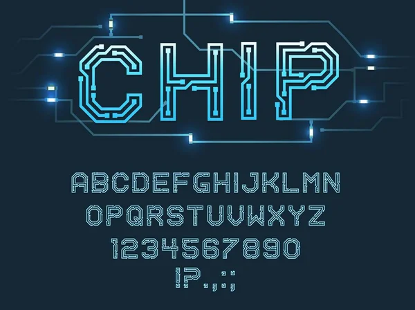 Type Puce Police Alphabet Vectoriel Lettres Chiffres Signes Ponctuation Microcircuit — Image vectorielle