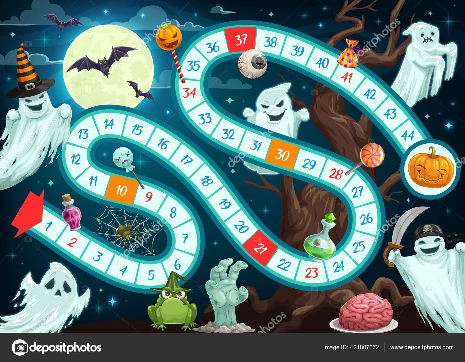 Modelo de vetor de jogo de tabuleiro de caminho de monstros de halloween de  crianças quebra-cabeça ou labirinto. jogo de tabuleiro de dados do início  ao fim com fundo de desenho animado
