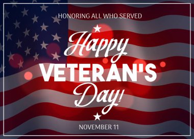 Arka planda ABD bayrağı olan Gaziler Günü vektör tasarımı. Amerikan askeri gazileri ve Amerikan askerleri Silahlı Kuvvetler Anma ya da Onurlandırma posterinde el sallayan yıldızlar ve çizgiler