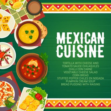 Meksika yemeği menüsü mutfağı, restoran yemekleri vektör eti, tortilla ve salsa yemeği. Geleneksel kırmızı biber, mısır ekmeği, balkabağı kreması çorbası ve tatlı ile Meksika mutfağı menüsü.