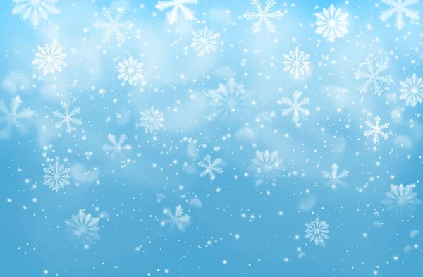 蒸気で青のベクトルの背景に現実的な雪のフレーク クリスマス冬の休日の雪のパターン グリーティングカードの装飾 ファンタジー吹雪のデザイン 雪の結晶抽象的な装飾 — ストックベクタ