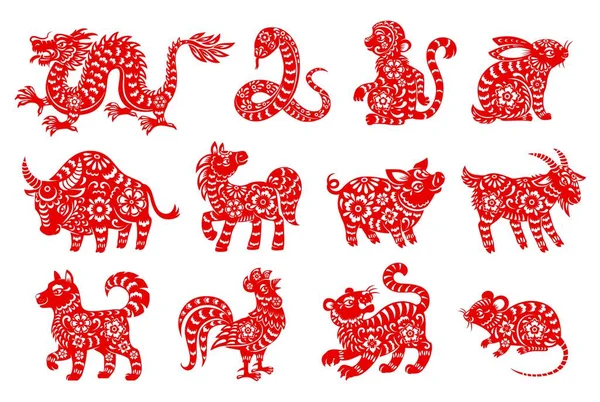 Horóscopo Chino Animales Aislados Iconos Con Papel Rojo Cortar Símbolos — Vector de stock