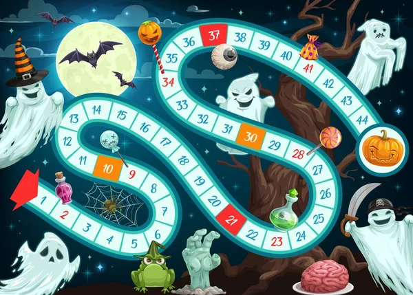 Jeu Plateau Halloween Pour Enfants Modèle Vectoriel Carte Avec Chemin — Image vectorielle