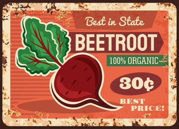 Beetroot Roestige Metalen Plaat Vector Prijskaartje Verse Bietenteelt Plantaardige Producten — Stockvector