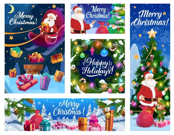 Árbol Navidad Santa Año Nuevo Regalos Banderas Vectoriales Navidad Vacaciones — Vector de stock