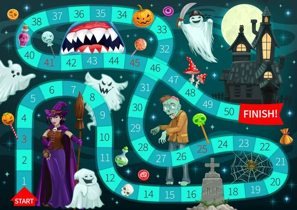 Beginnen Sie Brettspiel Vektor Vorlage Mit Cartoon Halloween Monster Hintergrund — Stockvektor