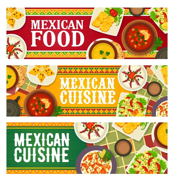 Menu Gastronomique Mexicain Bannières Restaurant Avec Repas Méta Sauces Vecteur — Image vectorielle