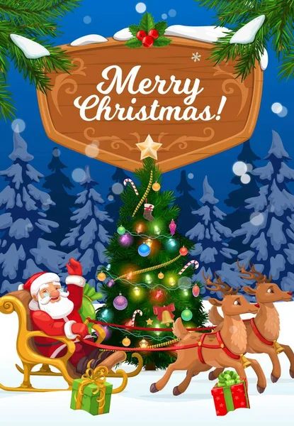 圣诞驯鹿雪橇与圣诞老人和礼物病媒设计的寒假 圣诞老人 鹿和圣诞树 上面有星星 雪和铃铛 礼物盒 糖果手杖和彩灯 — 图库矢量图片