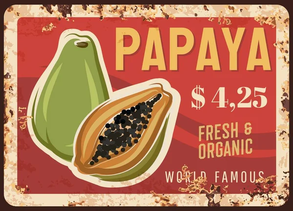 Piatto Metallo Arrugginito Alla Frutta Papaya Con Prezzo Mercato Alimentare — Vettoriale Stock