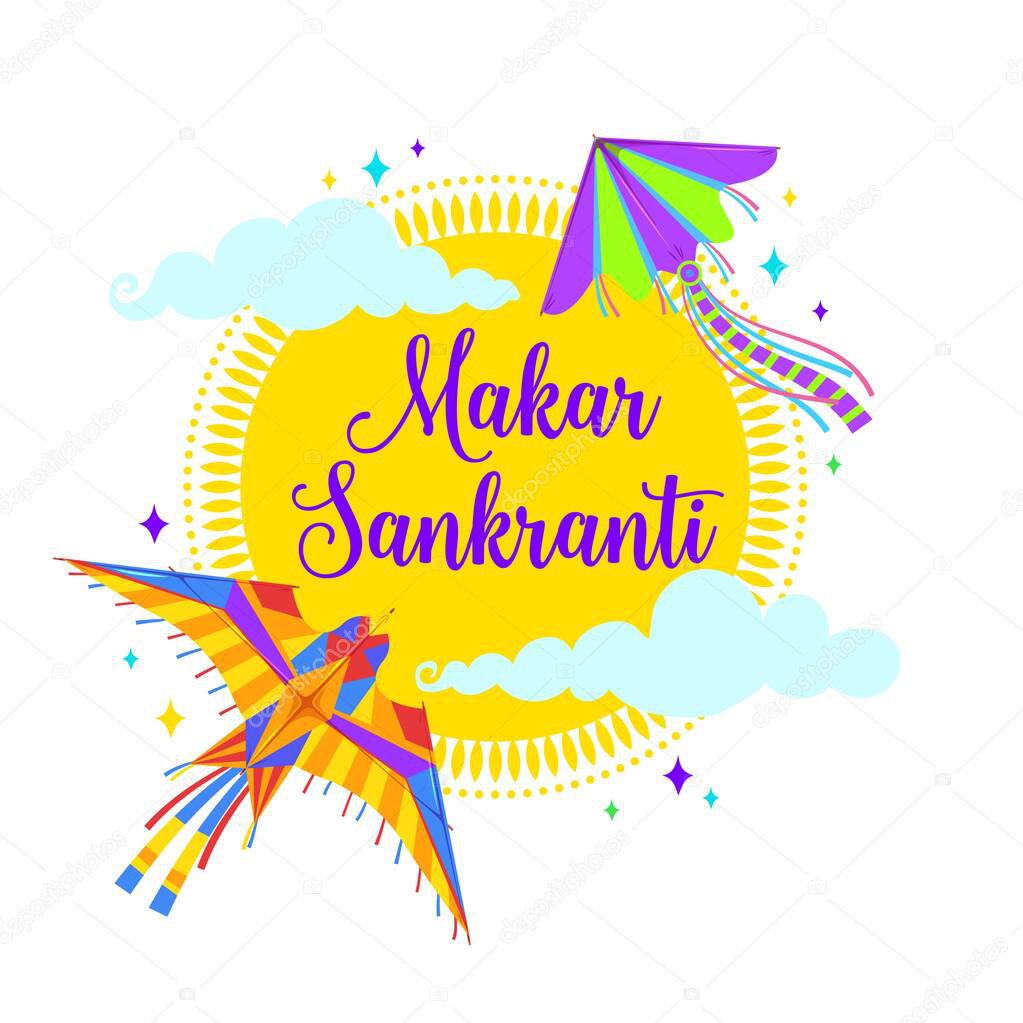 Makar Sankranti kites, sun and clouds, vector Indian festival of Hindu religion. Bird and moth kites, flying paper toys of harvest fest with colorful tails, ribbons and wings, greeting card design