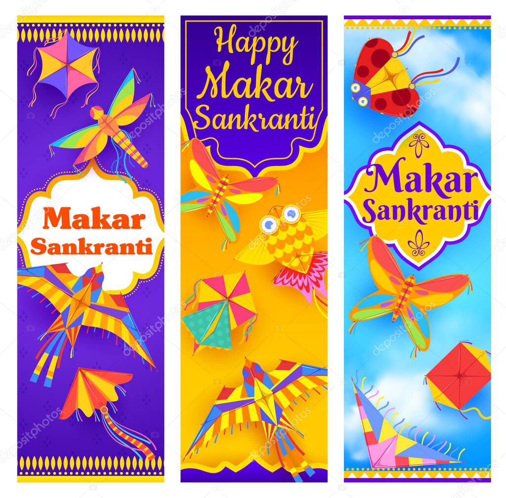 Makar Sankranti Indian festival vector banners of Hindu religion holiday celebration. Flying kites in blue sky, fish, butterfly, bird and dragonfly, ladybug and moth paper toys, greeting card design