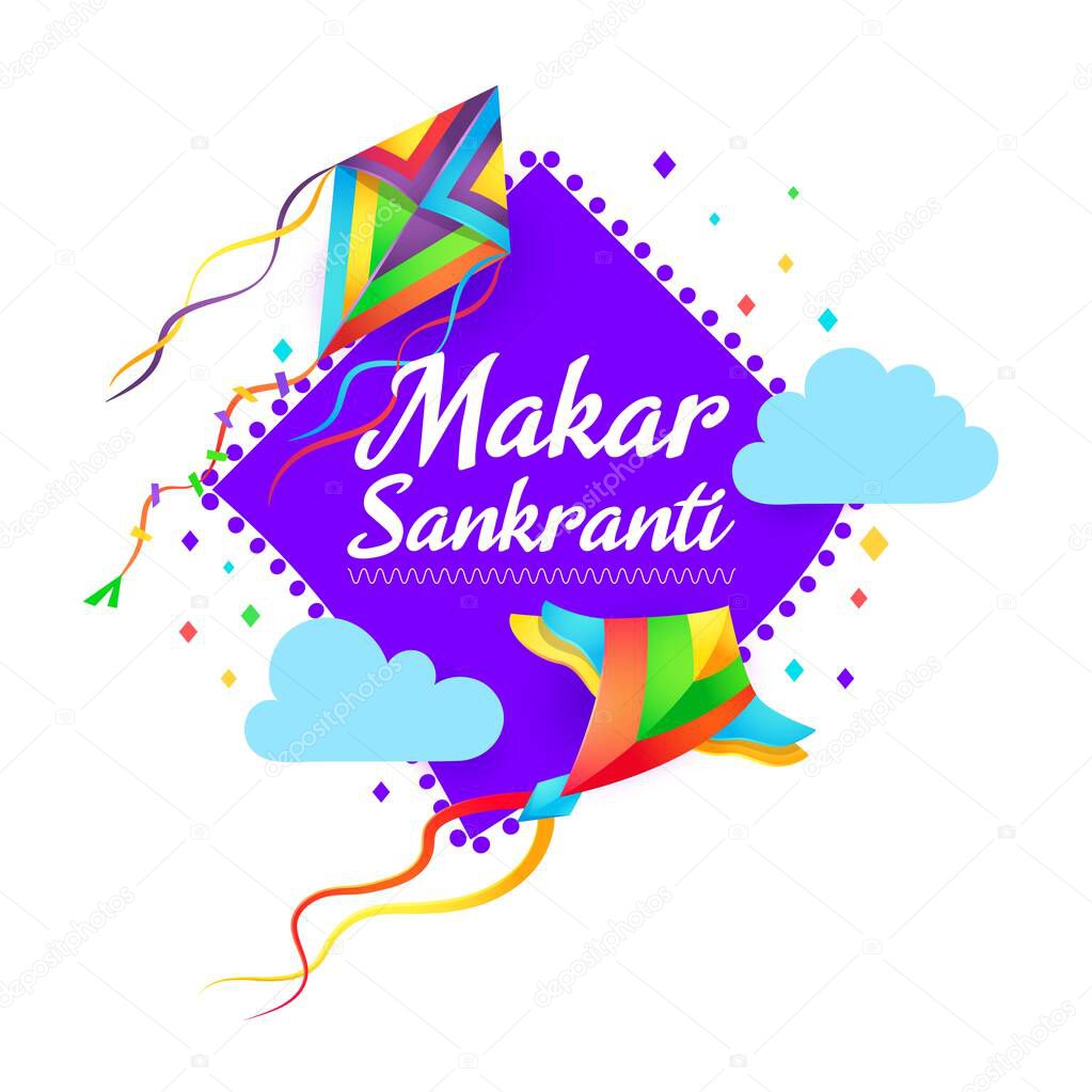 Makar Sankranti Indian festival vector design with flying kites and clouds. Hindu religion holiday festive paper kites with colorful wings and ethnic ornament greeting card of harvest fest celebration