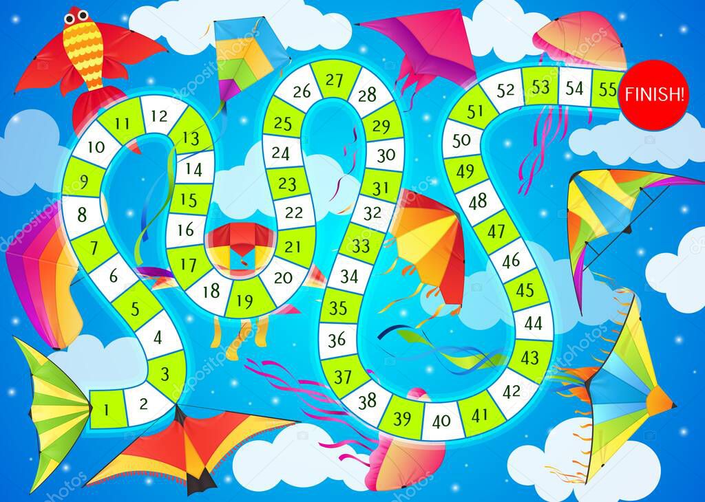 Start to finish children board game vector template with cartoon kites and route map with numbered steps on blue sky background. Kids maze or puzzle boardgame with colorful paper toys