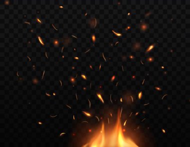 Ateş, kıvılcımlar ve kıvılcımlarla yanan şenlik ateşi, parçacıklarla parlayan vektör alevi. Havada kıvılcımlar uçuşan gerçekçi 3D alevli ateş. Ateş fırtınası, cehennem ateşi, karanlık arka planda izole edilmiş.