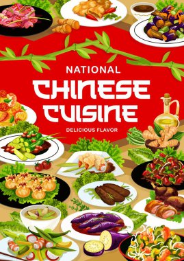 Çin mutfağı yemek vektör pankartı. Soslu Sichuan ve Pekin ördeği, wonton, funchoza salatası ve karidesli erişte, acılı salatalık, kızarmış biftek, baharatlı patlıcan ve Asya sebze çorbası.