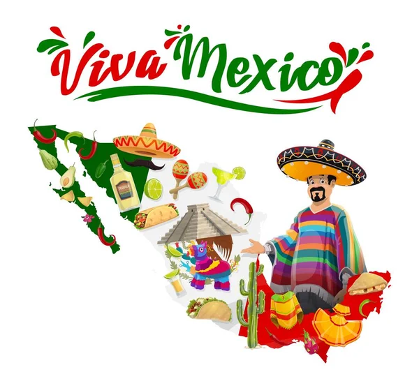 Viva Messico Poster Vettoriale Con Uomo Messicano Sombrero Poncho Maracas — Vettoriale Stock