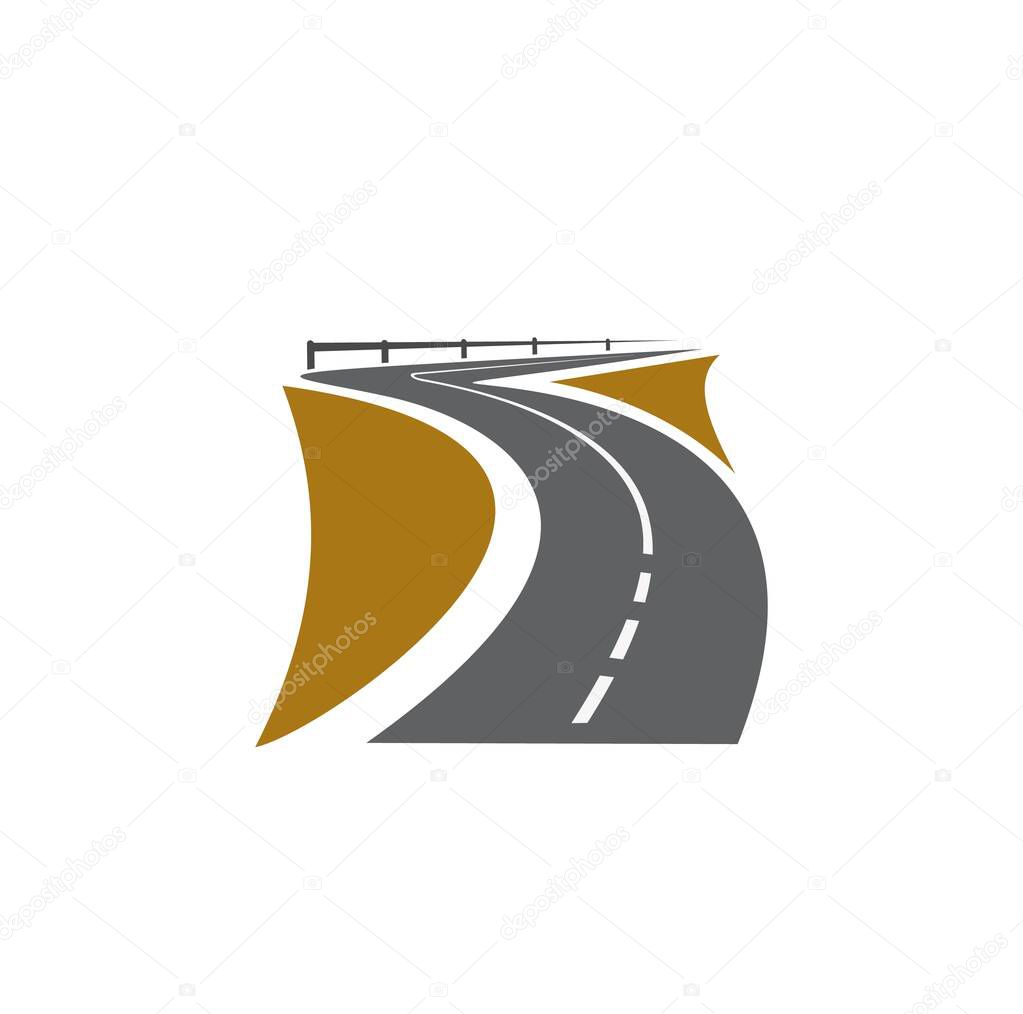 Road pathway or highway icon and path way roadside, vector asphalt avenue sign. Street or speed road drive symbol, transport navigation, direction and road repair or construction icon