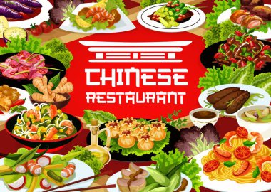 Çin lokantası vektör pankartı. Çin mantısı ve karidesli funchoza salatası, acılı salatalık, sichuan ve pekin ördeği, kızarmış biftek, erişte ve bambu salatası, baharatlı patlıcan.