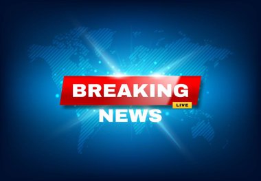 Flaş haber ekran koruyucusu, vektör acil duyurusu, küresel olay raporu. Kırmızı pankartta canlı haber tipografisi. Mavi arka planda. Dünya haritası ve flaşı var. Medya ve yayın kanalı yayını