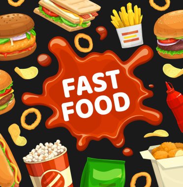 Fast food posteri, hamburgerler fast food menüsü ve sandviçler, vektör restoran yemekleri ve atıştırmalıklar. Fast food menüsü sosisli sandviç, kızarmış patates ve çizburger, cips, tavuk nugget ve patlamış mısır.