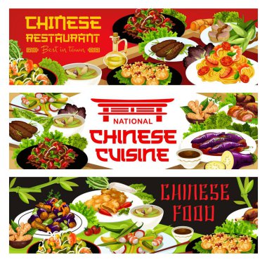 Çin mutfağı restoran vektör pankartı. Çin patlıcası, ördek ve mangolu salata, kızarmış biftek ve soya soslu pekin ördeği, domatesli şehriye ve karides, sebze çorbası ve wonton.