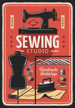 Dikiş, terzi ve terzi el yapımı atölye çalışması, vektör vintage poster. Terzilik ve moda terziliği, dikiş makinesi, yüksük ve düğmeler, sahte manken ve tekstil kumaşı ütüsü.