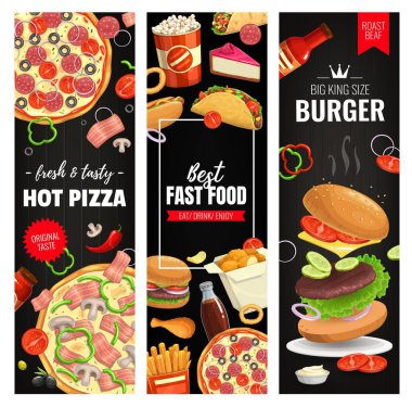 Pizza, hamburger ve aperatif vektör pankartları. Fast food hamburger, patates kızartması, nugget ve kola ile taco. Pastırmalı, mantarlı, domatesli, sosisli, tatlı ve sosisli pizza. Çizgi film yemek servisi.