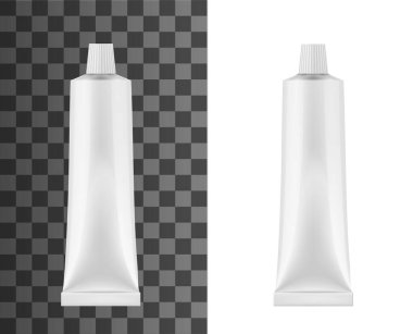 Diş macunu veya krem için gerçekçi bir tüp. Üç boyutlu izole edilmiş vektör modeli. Boş beyaz diş macunu metal kap, tırtıklı vida kapağı, kozmetik nemlendirici krem tüpü ya da tıbbi merhem paketi.