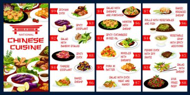 Çin mutfağı menü tasarım şablonu. Ördek etli Asya yemekleri, patlıcan ve baharat, salata, erişte ve karidesli wonton bambu saplı yemekler, domuz eti ve salatalık vektörü.