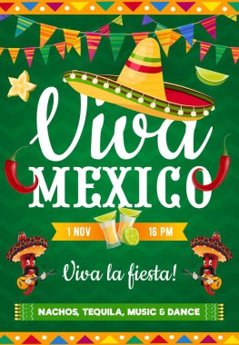 Meksika sembol sombrero, biber biberli bıyıklı ve gitarlı müzisyenlerin olduğu Viva Mexico vektör posteri. Bayrak ve tekila taşıyan çizgi film broşürü, canlı müzik ya da tatil davetiyesi