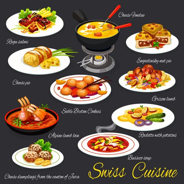 Comidas Cocina Suiza Platos Carne Postres Vectores Ragú Gallina Guinea — Vector de stock