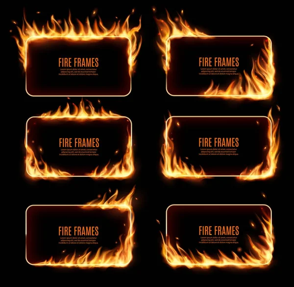 Brandweerkaders Rechthoekige Brandranden Realistische Brandende Vlam Tongen Met Vliegende Deeltjes — Stockvector