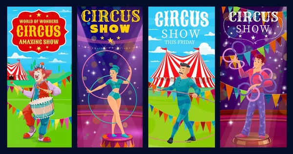 Circus Performers Vector Banners Grote Top Turnster Vrouw Clown Ropewalker — Stockvector