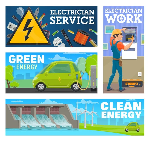Trabalhador Serviço Eletricista Banner Energia Limpa Verde Reparação Manutenção Painel — Vetor de Stock