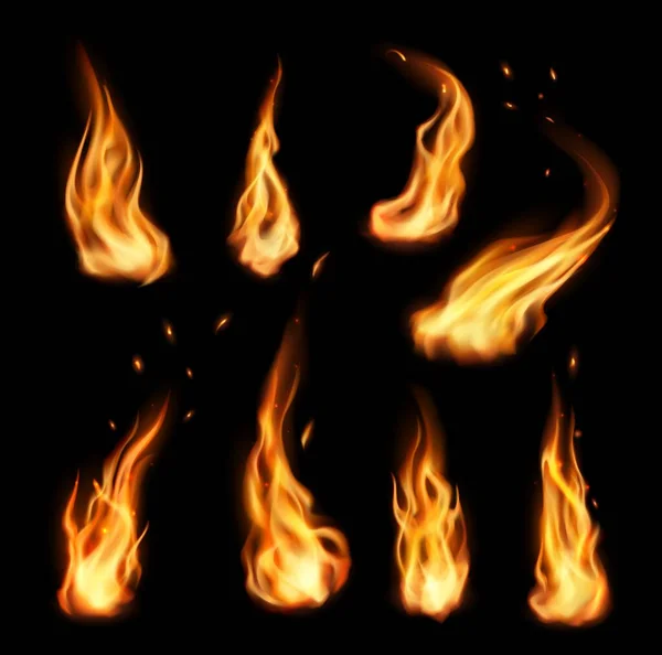 ベクトルキャンプファイヤー 隔離されたトーチ炎 現実的な3D点火舌 たき火の炎の効果を燃焼 飛行粒子 メンバーと蒸気とオレンジと黄色の輝くフレアを輝きます セット — ストックベクタ