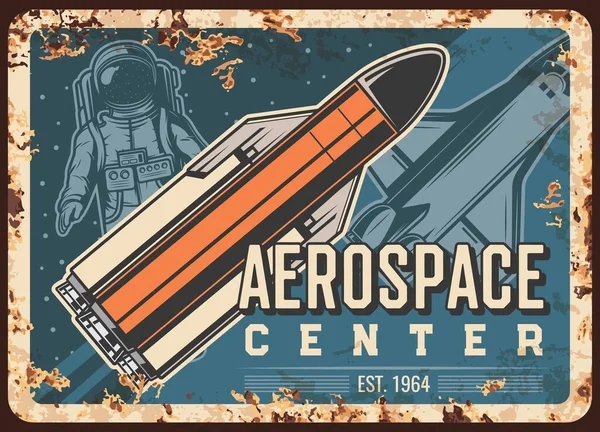 Centro Aeroespacial Vector Oxidado Placa Metal Astronauta Portacohetes Lanzadera Espacio — Vector de stock
