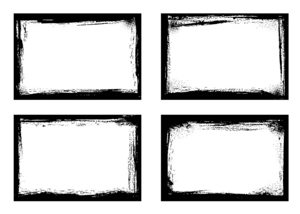 Grunge帧孤立的矢量黑色边框矩形形状 在白色背景上有划痕的粗糙边缘 陈腐的质感 肮脏的飞溅物 复古的设计元素或相框集 — 图库矢量图片