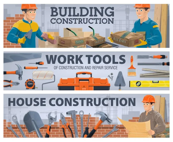Bannières Travailleurs Outils Travail Industrie Construction Bricklayer Avec Truelle Constructeur — Image vectorielle
