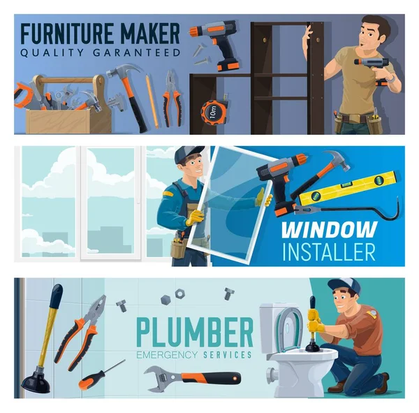 Meubelmaker Windows Installateur Loodgieter Service Banners Handyman Met Schroevendraaier Monteren — Stockvector