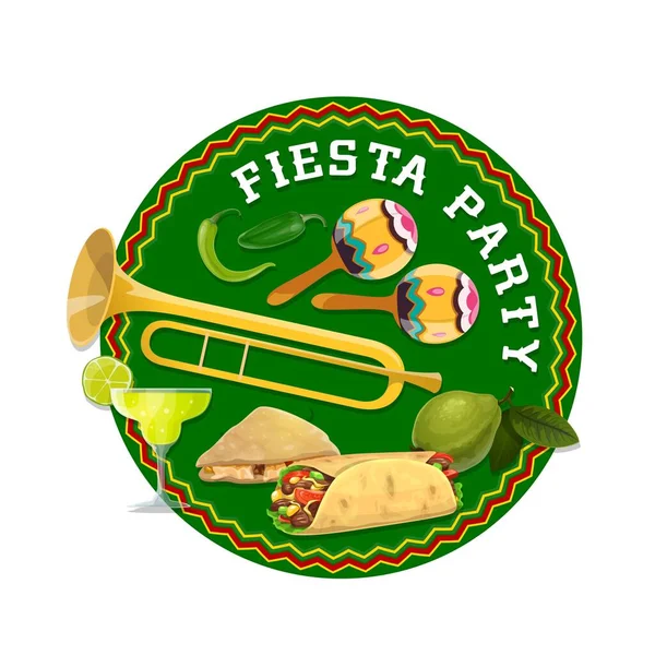 Festa Messicana Cibo Bevande Maracas Vettoriali Margarita Tequila Burrito Peperoncini — Vettoriale Stock