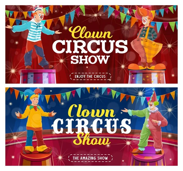 Circus Clowns Tonen Vector Grappige Performers Grote Top Arena Carnaval — Stockvector